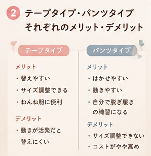 テープタイプ・パンツタイプそれぞれのメリット・デメリット